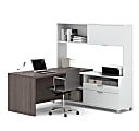 Bestar Pro-Linea 72”W L-Shaped Corner Desk With Drawers And Hutch, Bark Gray