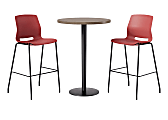 KFI Studios Proof Bistro Round Pedestal Table With Imme Barstools, 2 Barstools, 30", Studio Teak/Black/Coral Stools