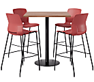 KFI Studios Proof Bistro Square Pedestal Table With Imme Bar Stools, Includes 4 Stools, 43-1/2”H x 36”W x 36”D, Cafelle Top/Black Base/Coral Chairs