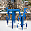 Flash Furniture Commercial-Grade Round Metal Indoor/Outdoor Bar Table Set With 2 Café Stools, 41"H x 30"W x 30"D, Blue