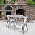 Flash Furniture Commercial Grade Round Metal Indoor-Outdoor Table Set With 2 Arm Chairs, 29-1/2"H x 30"W x 30"D, Silver