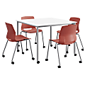 KFI Studios Dailey Square Dining Table And 4 Chairs, With Casters, White/Silver Table, Coral/Silver Chairs