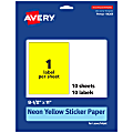 Avery® Printable Sticker Paper, 94269-NYP10, Rectangle, 8-1/2" x 11", Matte Neon Yellow, Pack of 10 1 thumbnail image