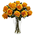 Nearly Natural Blooming Roses 18”H Artificial Floral Arrangement With Vase, 18”H x 13”W x 13”D, Orange/Yellow