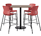 KFI Studios Proof Bistro Square Pedestal Table With Imme Bar Stools, Includes 4 Stools, 43-1/2”H x 36”W x 36”D, Studio Teak Top/Black Base/Coral Chairs