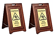 Alpine Industries 2-Sided Brass-Plated Wooden Bilingual Wet Floor Signs, 24" x 15", Brown, Pack Of 2 Signs 1 thumbnail image