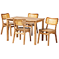 Baxton Studio Dulcet Mid-Century Modern Finished Wood/Rattan 5-Piece Dining Set, 29-15/16"H x 43-5/16"W x 27-5/8"D, Oak Brown/Light Brown