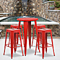 Flash Furniture Commercial-Grade Round Metal Indoor/Outdoor Bar Table Set With 4 Square Backless Stools, 41"H x 24"W x 24"D, Red