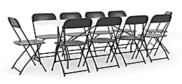 Flash Furniture Bi-Fold Plastic Event/Training Folding Table Set With 10 Folding Chairs, 29"H x 30"W x 96"D, Black
