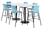 KFI Studios Proof Bistro Rectangle Pedestal Table With 6 Imme Barstools, 43-1/2"H x 72"W x 36"D, Designer White/Black/Sky Blue Stools