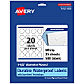 Avery® Waterproof Permanent Labels With Sure Feed®, 94506-WMF25, Round, 1-1/2" Diameter, White, Pack Of 500