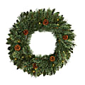 Nearly Natural White Mountain 24”H Pine Artificial Christmas Wreath With 35 LED Lights And Pine Cones, 24” x 4”, Green