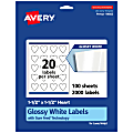 Avery® Glossy Permanent Labels With Sure Feed®, 94602-WGP100, Heart, 1-1/2" x 1-1/2", White, Pack Of 2,000