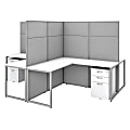 Bush Business Furniture Easy Office 60"W 4-Person L-Shaped Cubicle Desk With Drawers And 66"H Panels, Pure White/Silver Gray, Standard Delivery