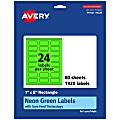 Avery® Print-To-The-Edge Labels With Sure Feed® Technology And Easy Peel®, 94220-NGP80, Rectangle, 1" x 2", Matte Neon Green, Pack of 1920 1 thumbnail image