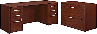 Sauder® Affirm Collection Executive Desk With Two 3-Drawer Mobile Pedestal Files And Lateral File, 72"W x 24"D, Classic Cherry