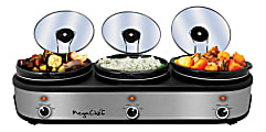 MegaChef Triple 2.5 Qt. Slow Cooker and Buffet Server, Black/Brushed Silver