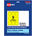 Avery® Print-To-The-Edge Labels With Sure Feed® Technology, 94516-NYP20, Round Scalloped, 2-1/2", Matte Neon Yellow, Pack of 180