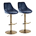 LumiSource Diana Adjustable Bar Stools With Rounded T Footrests, Blue/Gold, Set Of 2 Stools