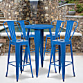 Flash Furniture Commercial-Grade Round Metal Indoor/Outdoor Bar Table Set With 4 Café Stools, 41"H x 24"W x 24"D, Blue