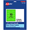 Avery® Print-To-The-Edge Labels With Sure Feed® Technology And Easy Peel® Label Feature, 94205-NGP10, Rectangle, 1-1/2" x 3-3/4", Matte Neon Green, Pack of 100