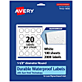 Avery® Waterproof Permanent Labels With Sure Feed®, 94506-WMF100, Round, 1-1/2" Diameter, White, Pack Of 2,000