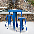 Flash Furniture Commercial-Grade Round Metal Indoor-Outdoor Bar Table Set With 2 Square-Seat Backless Stools, 41"H x 30"W x 30"D, Blue 1 thumbnail image
