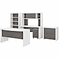 Bush Business Furniture Echo 60"W Bow-Front Computer Desk, Credenza With Hutch, Bookcase And File Cabinets, Pure White/Modern Gray, Standard Delivery