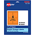 Avery® Printable Labels With Sure Feed® Technology, 94100-BOP20, Square, 4" x 4", Matte Bright Orange, Pack of 80 1 thumbnail image