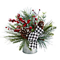 Nearly Natural 12”H Frosted Pine Cones And Berries Artificial Arrangement With Vase And Decorative Plaid Bow, 12”H x 10”W x 8”D, Green/Silver