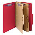Smead® Pressboard Classification Folders With SafeSHIELD® Fasteners And 2 Pocket Dividers, Legal Size, 100% Recycled, Bright Red, Box Of 10