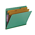 Smead® End-Tab Classification Folders, With SafeSHIELD Fasteners, 8 1/2" x 11", 2 Divider, 2 Partition, Green, Pack Of 10