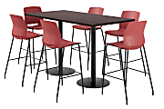 KFI Studios Proof Bistro Rectangle Pedestal Table With 6 Imme Barstools, 43-1/2"H x 72"W x 36"D, Cafelle/Black/Coral Stools