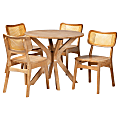 Baxton Studio Camilo Mid-Century Modern Finished Wood/Rattan 5-Piece Dining Set, 30"H x 34-5/16"W x 34-5/16"D, Oak Brown/Light Brown