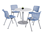 KFI Studios KOOL Round Pedestal Table With 4 Stacking Chairs, White/Peri Blue
