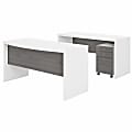 Office by Kathy Ireland® Echo 60"W Bow-Front Desk And Credenza With Mobile File Cabinet, Pure White/Modern Gray, Standard Delivery