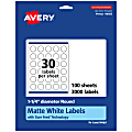 Avery® Permanent Labels With Sure Feed®, 94505-WMP100, Round, 1-1/4" Diameter, White, Pack Of 3,000 1 thumbnail image