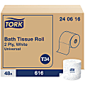 Tork Universal Bath Tissue Roll - 2 Ply - 3.75" x 205.33 ft - 616 Sheets/Roll - 5" Roll Diameter - White - Fiber - Embossed, Soft, Absorbent - For Bathroom, Plumbing - 616 / Roll