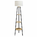 Simple Designs Tripod 3-Tier Shelf Floor Lamp, 62-1/2"H, White Shade/Light Wood Base