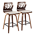 LumiSource Mid-Century Modern Folia Counter Stools, Cream/Walnut, Set Of 2 Stools