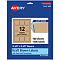 Avery® Kraft Permanent Labels With Sure Feed®, 94105-KMP100, Square, 2-1/8" x 2-1/8", Brown, Pack Of 1,200