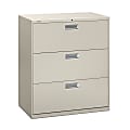 HON® Brigade® 600 36"W Lateral 3-Drawer File Cabinet, Metal, Light Gray