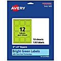 Avery® Print-To-The-Edge Labels With Sure Feed® Technology And Easy Peel® Label Feature, 94107-BGP10, Square, 2" x 2", Matte Bright Green, Pack of 120 1 thumbnail image