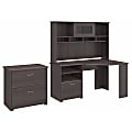 Bush Furniture Cabot 60"W Corner Desk With Hutch And Lateral File Cabinet, Heather Gray, Standard Delivery