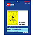 Avery® Print-To-The-Edge Labels With Sure Feed® Technology, 94512-NYP20, Round, 2-3/4", Matte Neon Yellow, Pack of 120 1 thumbnail image