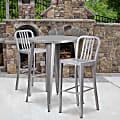 Flash Furniture Commercial-Grade Round Metal Indoor/Outdoor Bar Table Set With 2 Vertical Slat-Back Stools, Silver