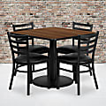 Flash Furniture Square Laminate Table Set With Round Base And 4 Ladder Back Metal Chairs, 30"H x 36"W x 36"D, Walnut/Black