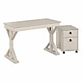Bush® Furniture Homestead 48"W Farmhouse Writing Desk With Mobile File Cabinet, Linen White Oak, Standard Delivery