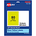 Avery® Print-To-The-Edge Labels With Sure Feed® Technology, 94504-NYP10, Round, 3/4", Matte Neon Yellow, Pack of 800 1 thumbnail image