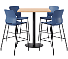 KFI Studios Proof Bistro Square Pedestal Table With Imme Bar Stools, Includes 4 Stools, 43-1/2”H x 36”W x 36”D, Maple Top/Black Base/Navy Chairs
